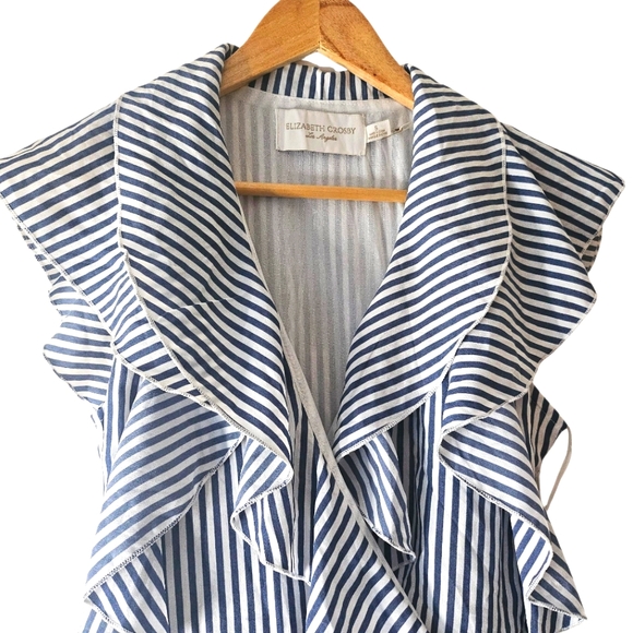 Elizabeth Crosby Pippa Faux Wrap Flutter Sleeves Gray White Stripe Dress  Size S - Picture 2 of 12